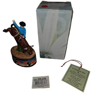 NWT Cowboy On Bull RARE Vintage Treasure Trinket Hinge Box W/ Minature Bull